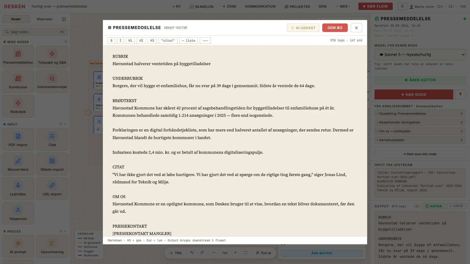 Udkast-editoren med pressemeddelelsen. Til højre viser inspektøren, hvilken opsætning og hvilket husmateriale arbejdsrummet har lagt ind.